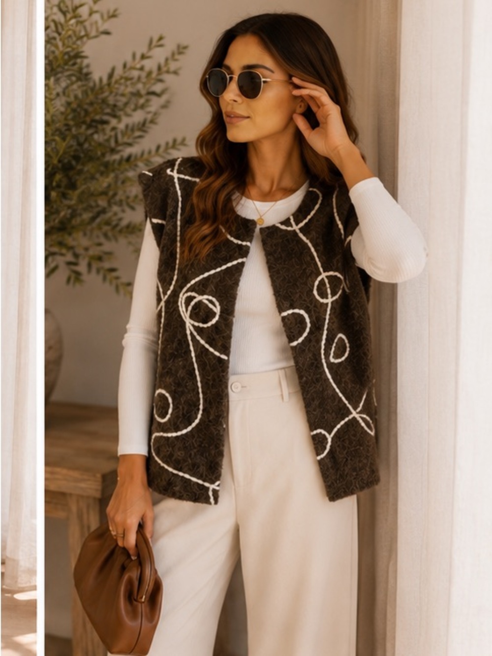 MADE IN ITALY Brown and White Patterned Vest - Picture 2 of 3